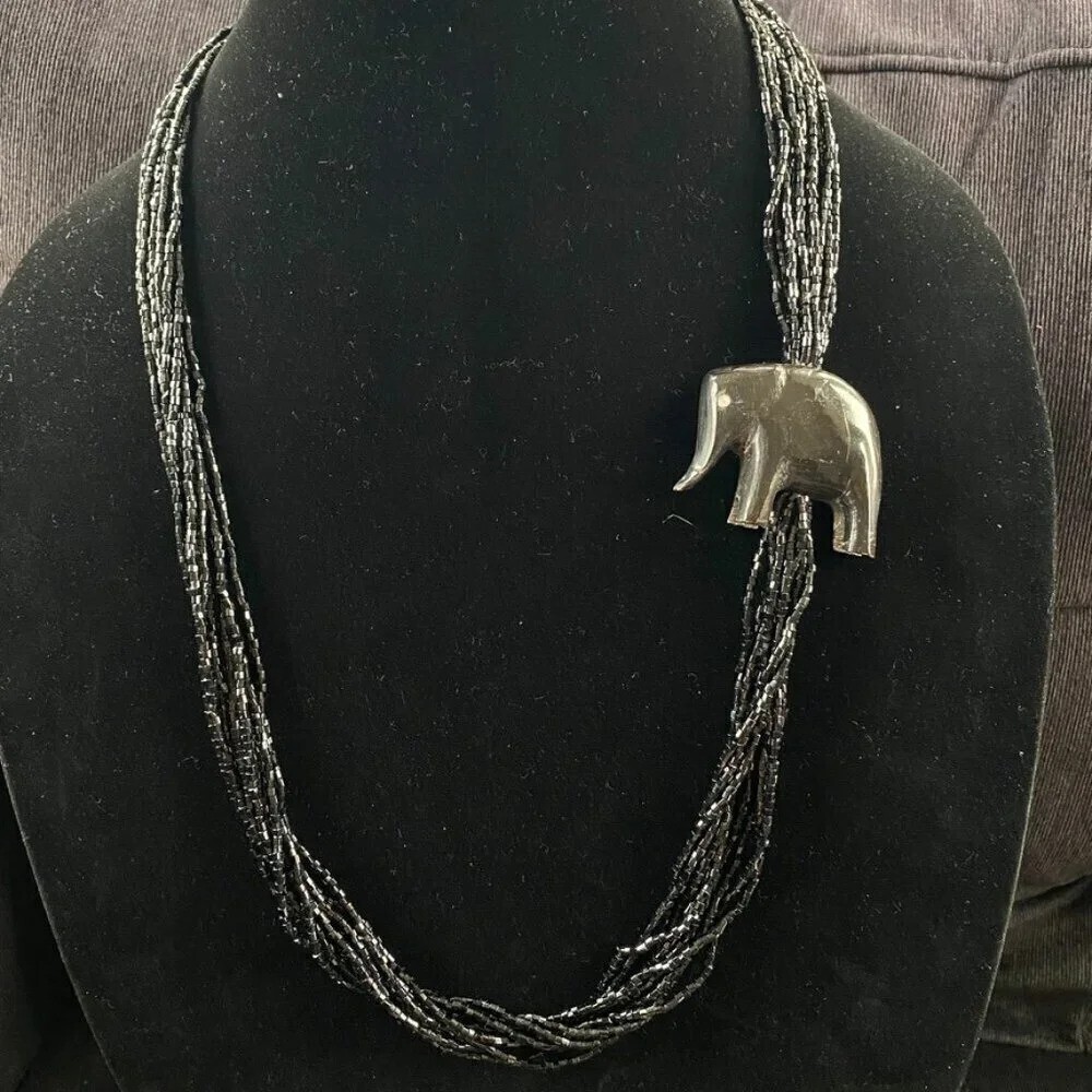 Vintage 80s Black Seed Bead Multistrand Safari Necklace with Carved Elephant